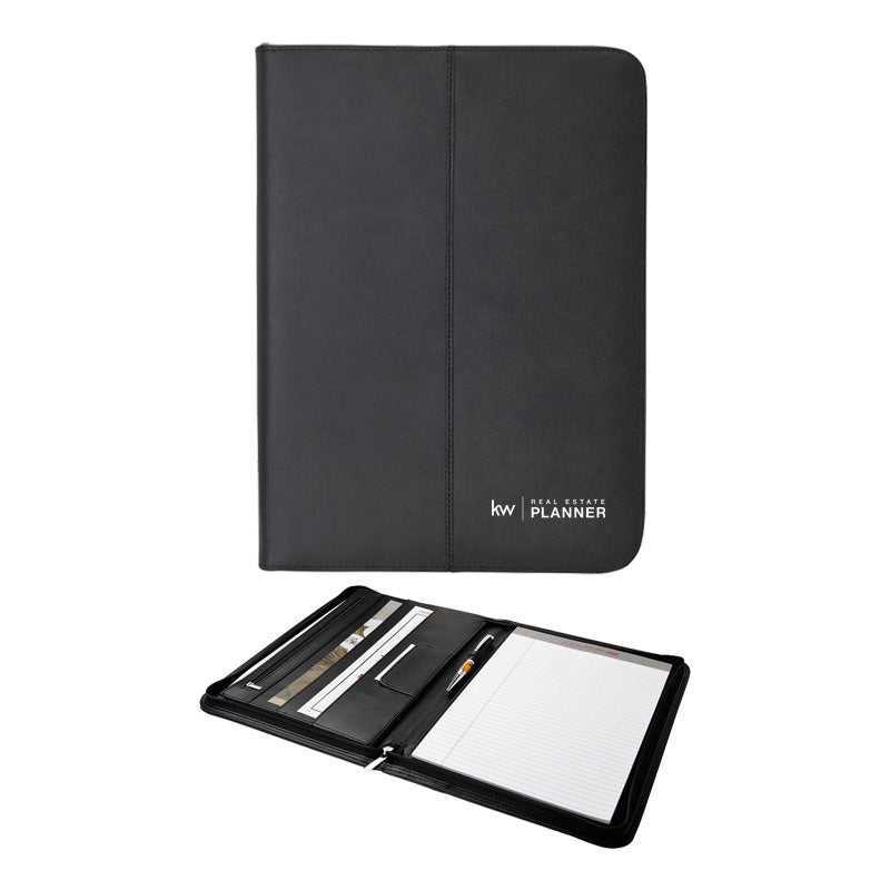 A black leather portfolio with a zippered closure, featuring a pen loop and an accordion file pocket. It is displayed both closed and open, showing the interior writing pad.