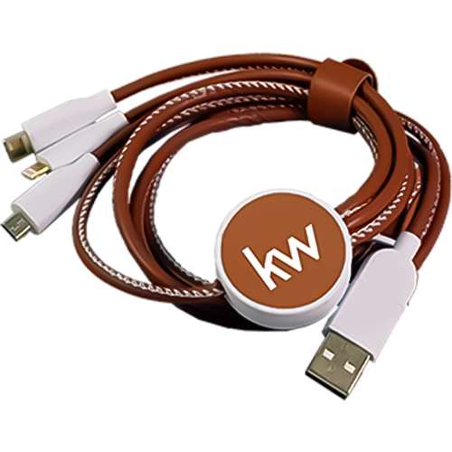 Brown and white cable with 'kw' logo on a white background