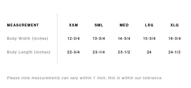 Measurement chart for clothing sizes XSM to XLG with body width and length dimensions.