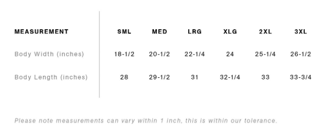 Measurement chart for clothing sizes SML to 3XL with body width and length dimensions.