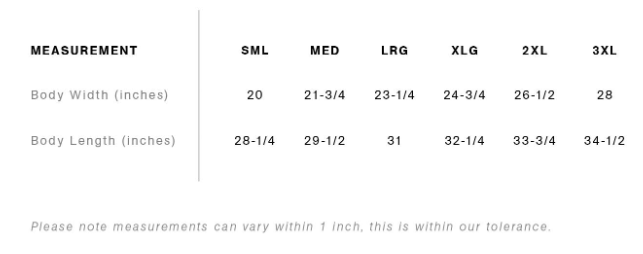 Measurement chart for body width and length in inches with size labels SML to 3XL.