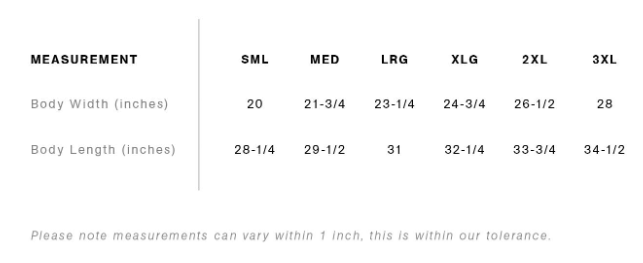 Measurement chart for clothing sizes SML to 3XL with body width and length dimensions.