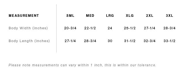 Size chart for clothing in sizes small to 3xl. Measurements are in inches.