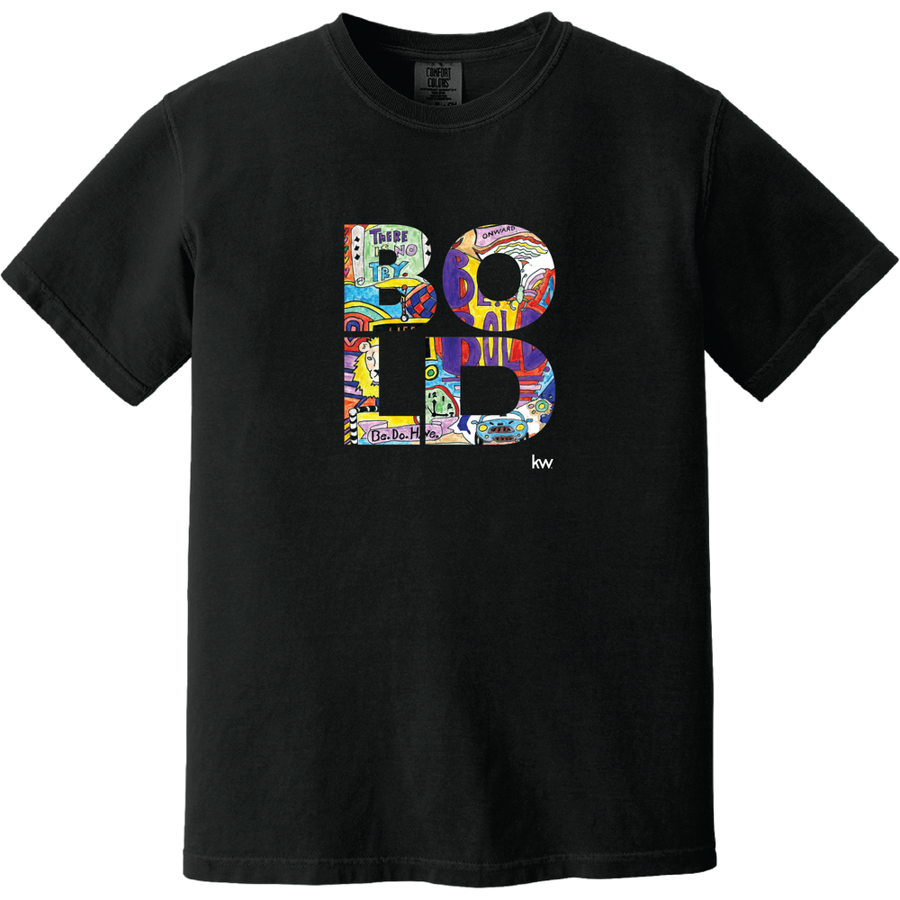 Black t-shirt with the word 'BOLD' printed in multicolored letters