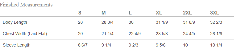 Measurement chart for shirts with size labels from Small to 3XL.