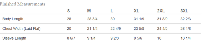 Measurement chart for shirts with size labels from Small to 3XL.