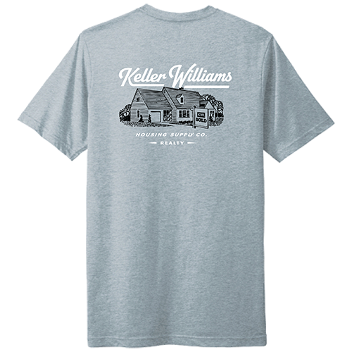 Stonewash Denim t-shirt with Keller Williams logo and house illustration on the back