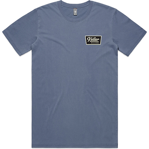 Blue t-shirt with a Keller Williams logo on the chest against a white background