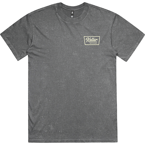 Gray t-shirt with a logo on the chest against a white background