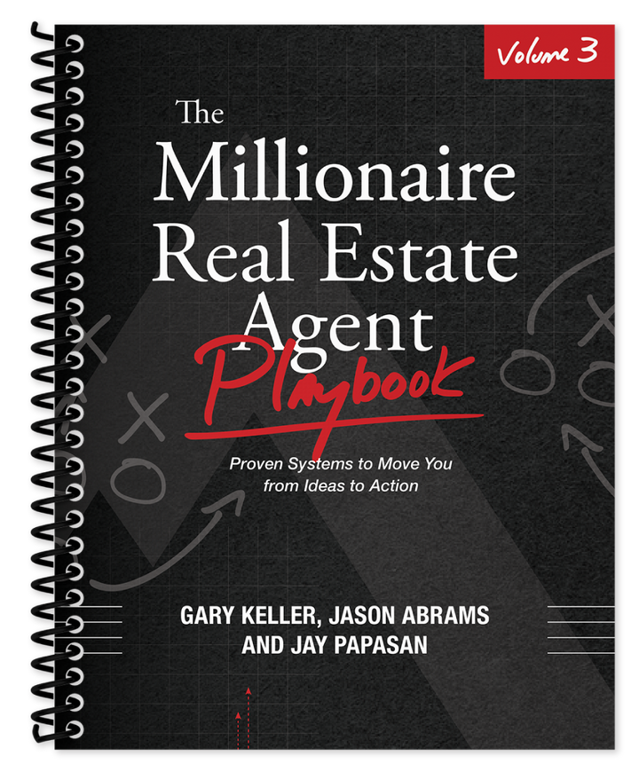 Book titled 'The Millionaire Real Estate Agent Playbook' by Gary Keller, Jason Abrams, and Jay Papasan on a black background.