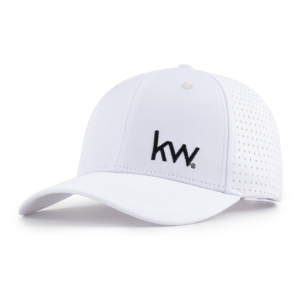 White cap with black kw logo on a white background