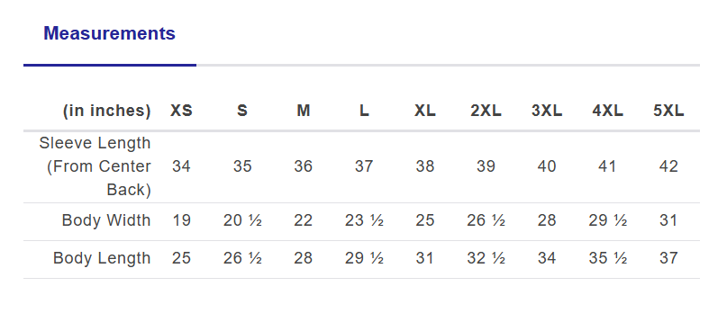 Measurement chart for sleeve length, body width, and body length in inches across various sizes.