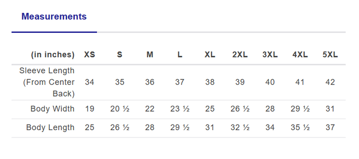 Measurement chart for sleeve length, body width, and body length in inches across various sizes.