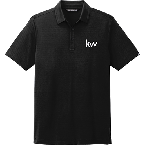 Black polo shirt with 'kw' logo on a white background