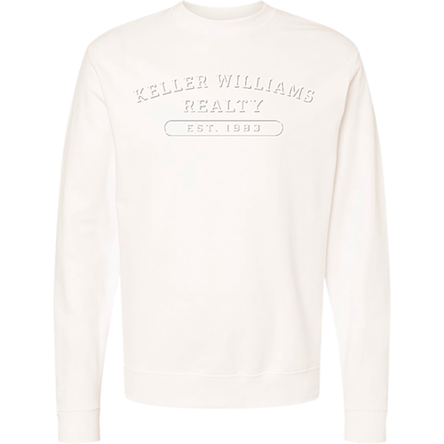 White sweatshirt with 'Keller Williams Realty' text on a white background