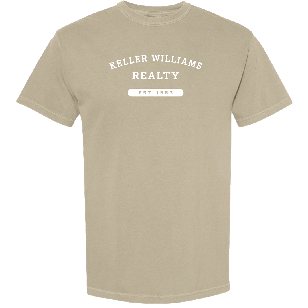 Beige t-shirt with 'Keller Williams Realty' text on a white background