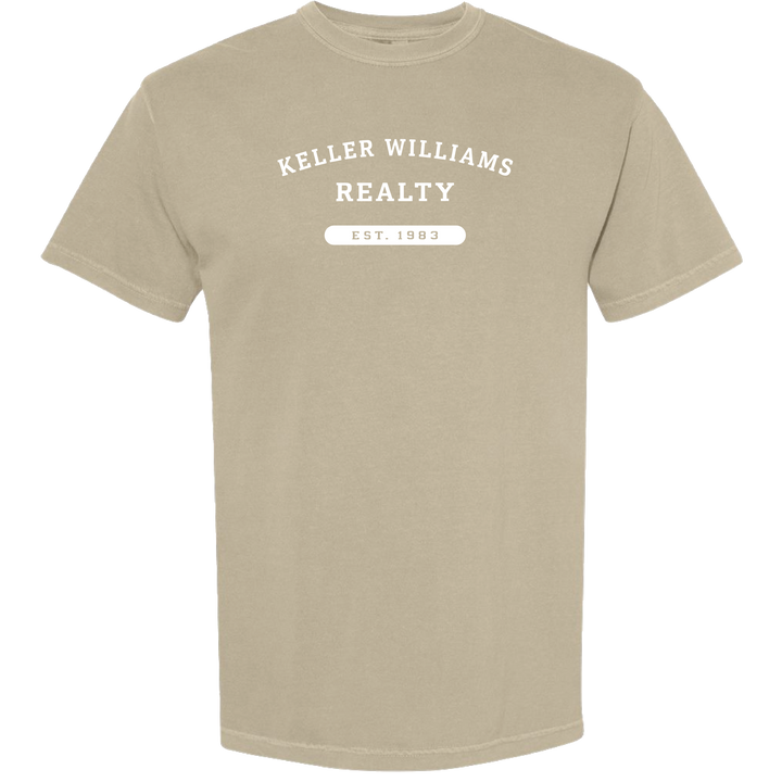 Beige t-shirt with 'Keller Williams Realty' text on a white background