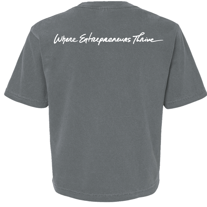 Gray t-shirt with 'Where Entrepreneurs Thrive' text on the back against a white background
