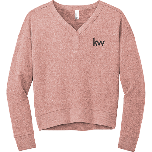 Women's pink tri-fleece v-neck sweatshirt with long sleeves and a crop fit.