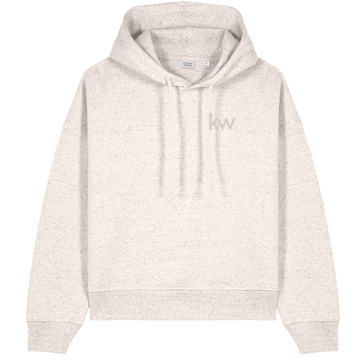 Beige hoodie with a logo on a white background