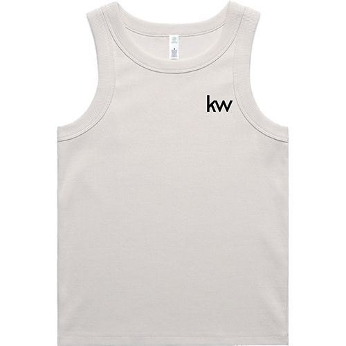 Bone colored tank top with 'kw' logo on a white background