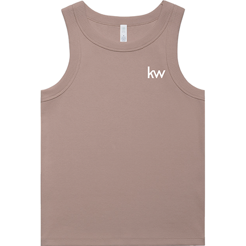 Hazy pink tank top with 'kw' logo on a white background