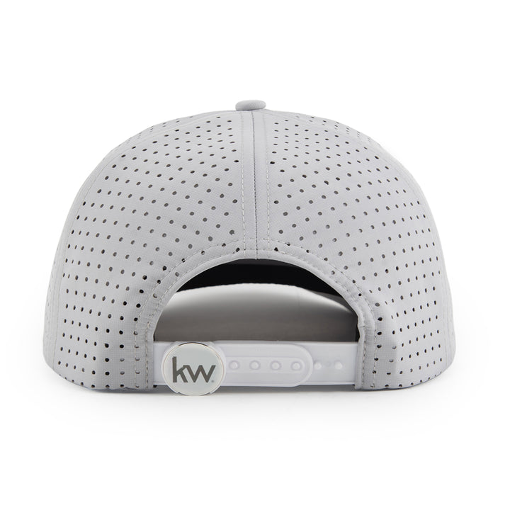 Perforated gray cap with a logo on a white background