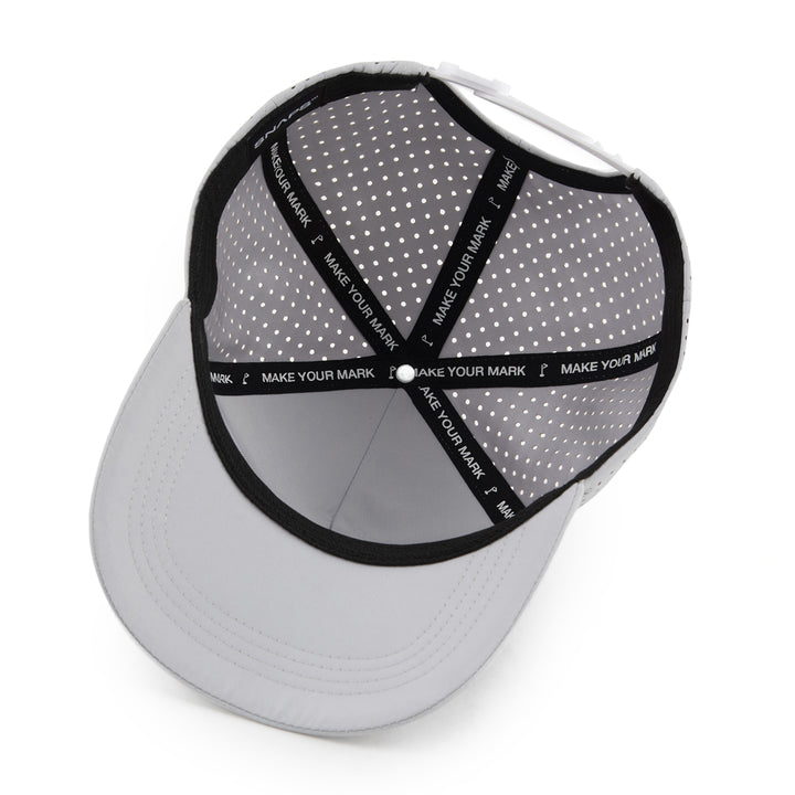 Gray cap with black adjustable strap on a white background