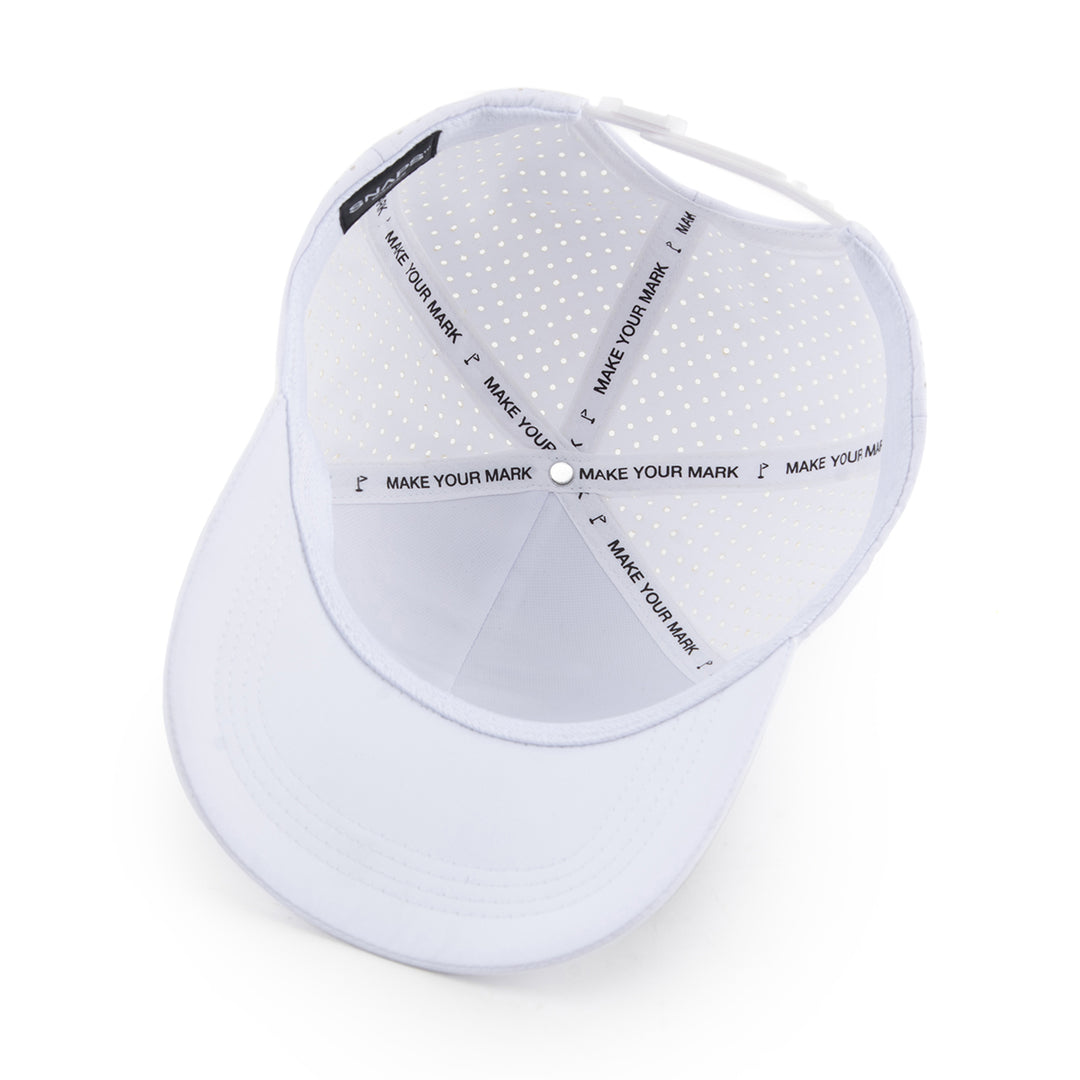 White cap with text on a white background