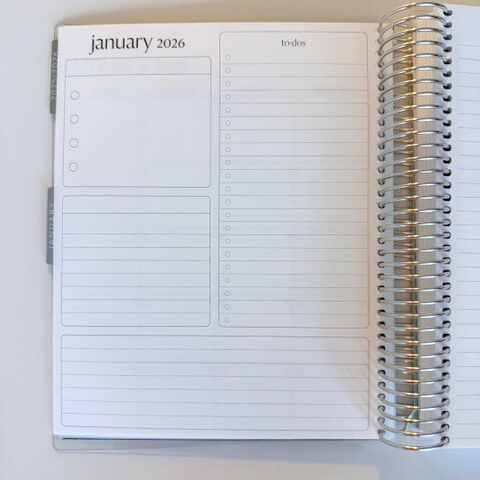 Open planner showing January 2026 on a white background