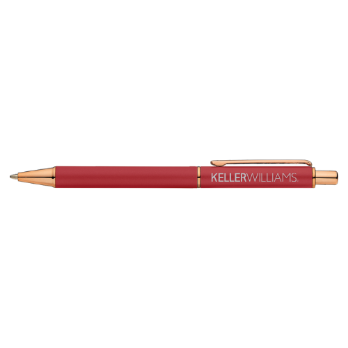 Red pen with rose gold accents on a white background, featuring 'Keller Williams' branding.