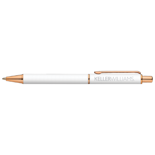 White pen with rose gold accents on a white background, featuring the brand 'Keller Williams'.