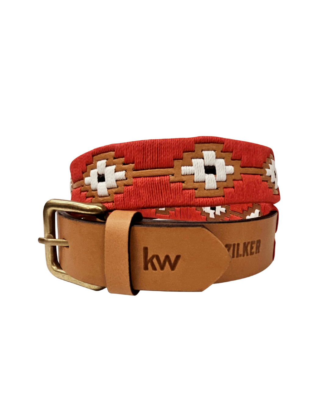 Red woven belt with a gold buckle and tan leather strap on a white background