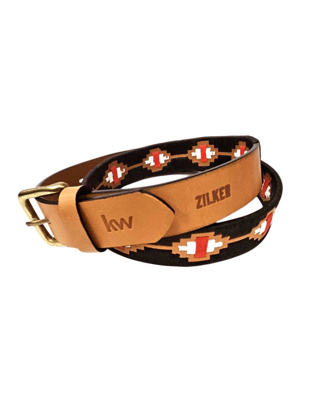 Leather belt with decorative pattern and visible branding on a white background